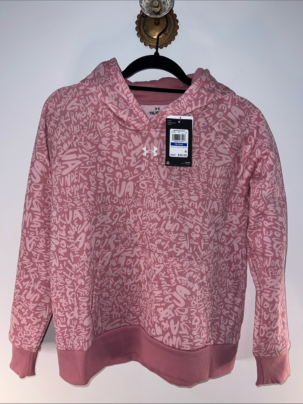 Under Armour Pink All-Over Logo Graphic Hoodie Youth XL - NWT